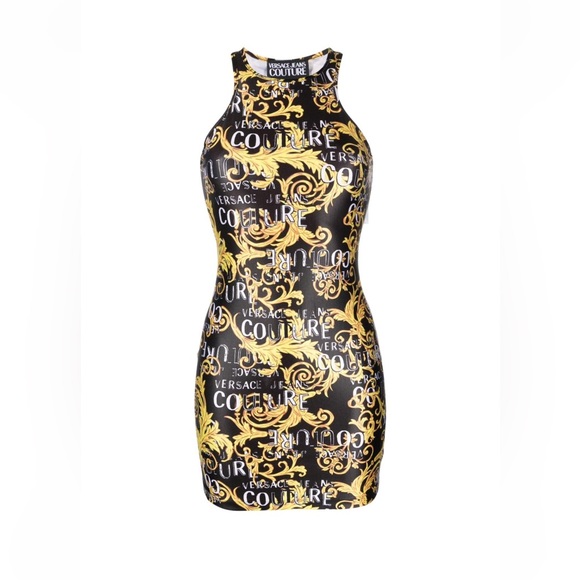 NWT VERSACE Jeans Couture WOMEN Baroque Logo Print Mini Dress Black Gold - Picture 1 of 13